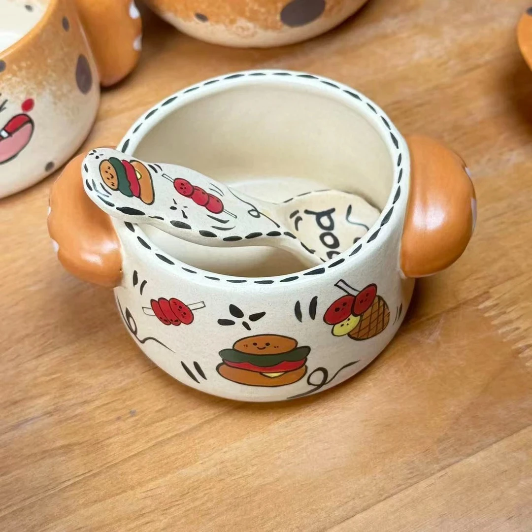 景德镇可爱设计师款陶瓷FOOD系列双耳碗（带勺）