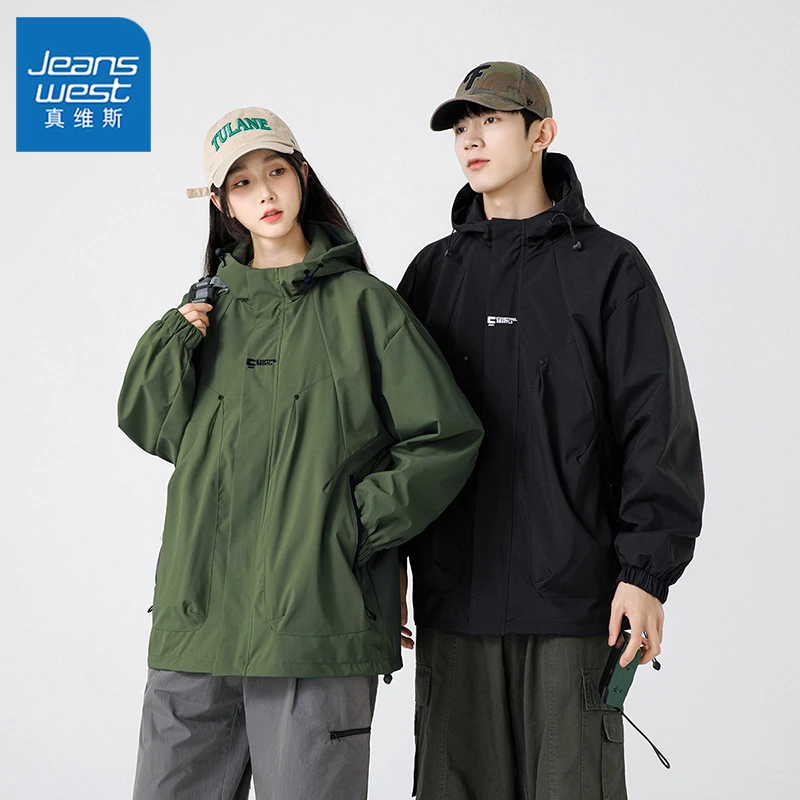 真维斯情侣春秋季夹克男士薄款防水户外登山服刺绣青年休闲外套男