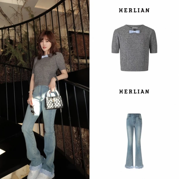 herlain 灰色针织短袖早秋新款减龄针织衫