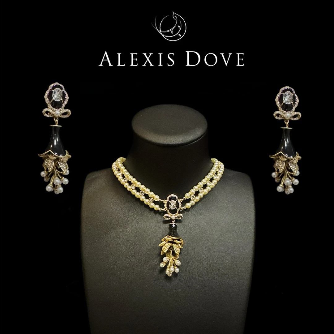 铜合金仿珍珠项链 复古重工珐琅花朵珠珠套装【乐亿】