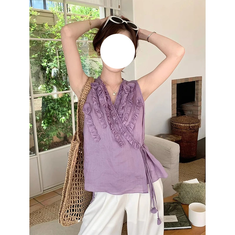 2025超火夏装独特超好看上衣高级感轻奢洋气斜门襟紫色无袖衬衫女