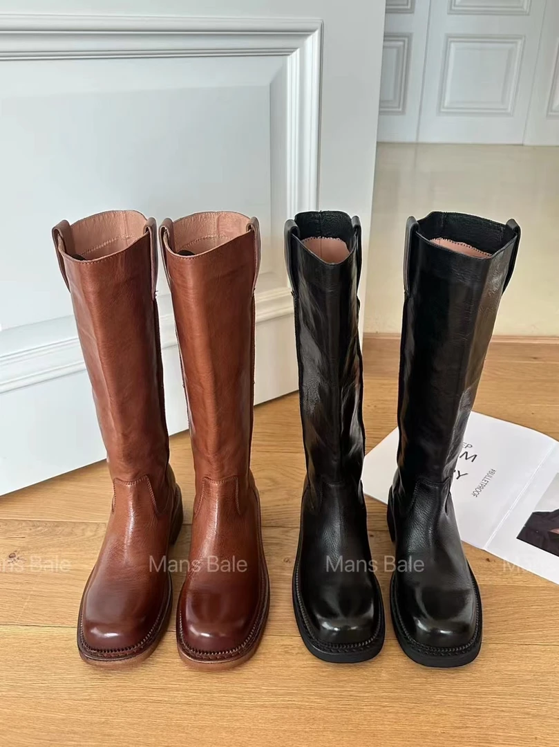 popo-61 水洗牛皮中筒骑士靴女士靴子高级感复古圆头中跟直筒潮靴