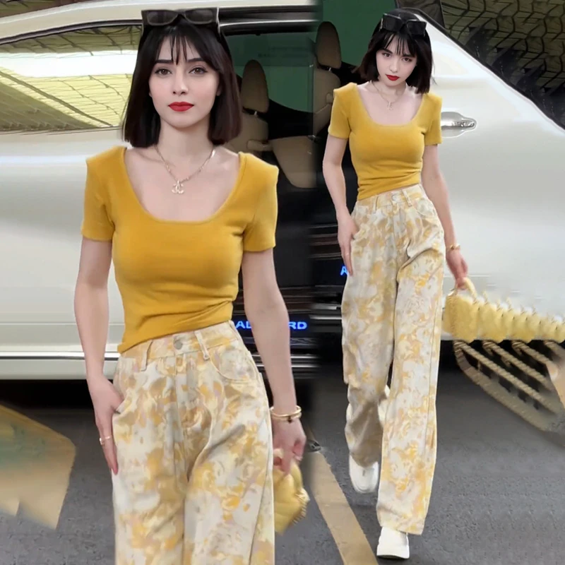 网红洋气辣妹时尚套装女夏季新款短袖T恤高腰阔腿裤时髦两件套潮