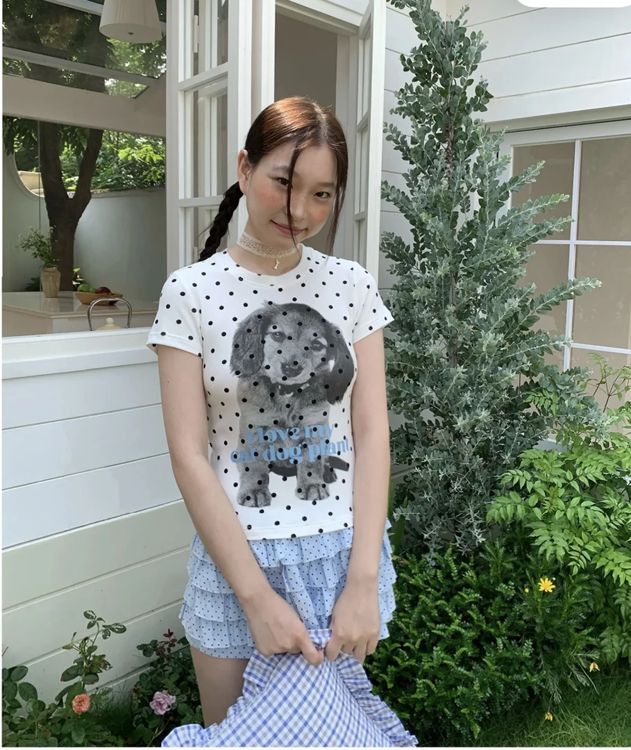 美好商店MeihaoStore[猫狗植物]系列歪头大耳波点小狗小板型T恤