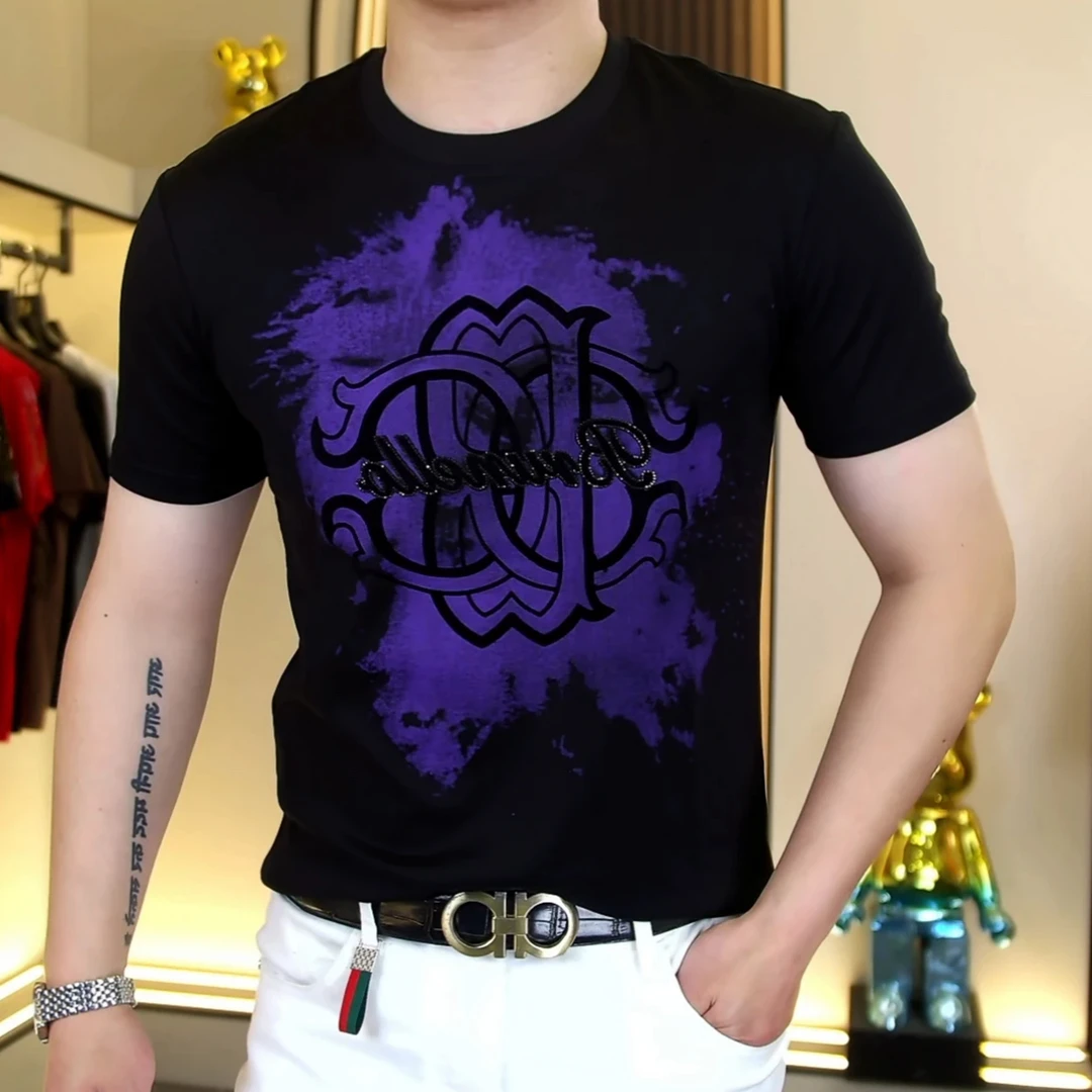 修身男装夏季圆领针织丝光棉t恤男士夏季植绒提花T恤8321