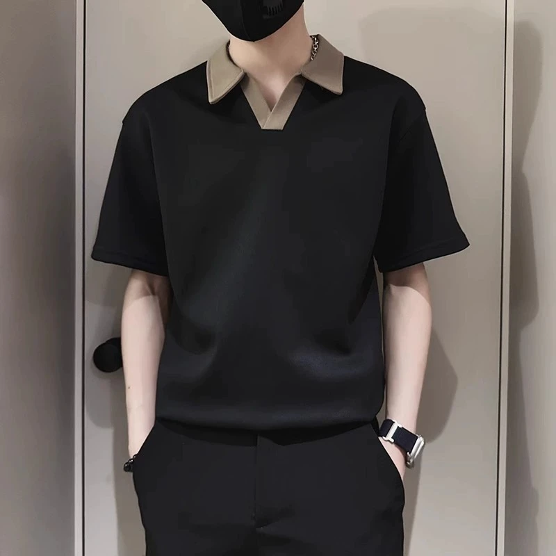男款短袖T恤2025新款夏季透气高端V领男士潮流拼色舒适上衣polo衫