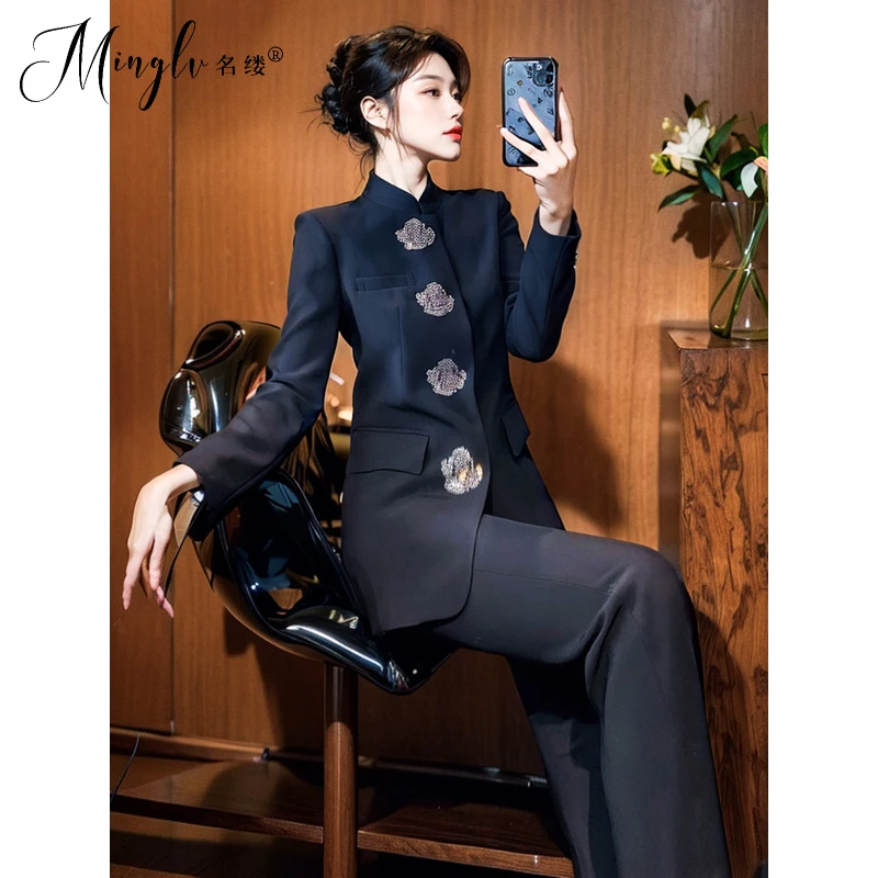 2025年秋新中式穿搭高级感国风提花复古立领外套阔腿裤两件套装女