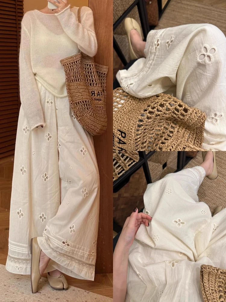 慵懒高腰韩系镂空蕾丝拼接阔腿裤女2025夏季高腰宽松设计感休闲裤