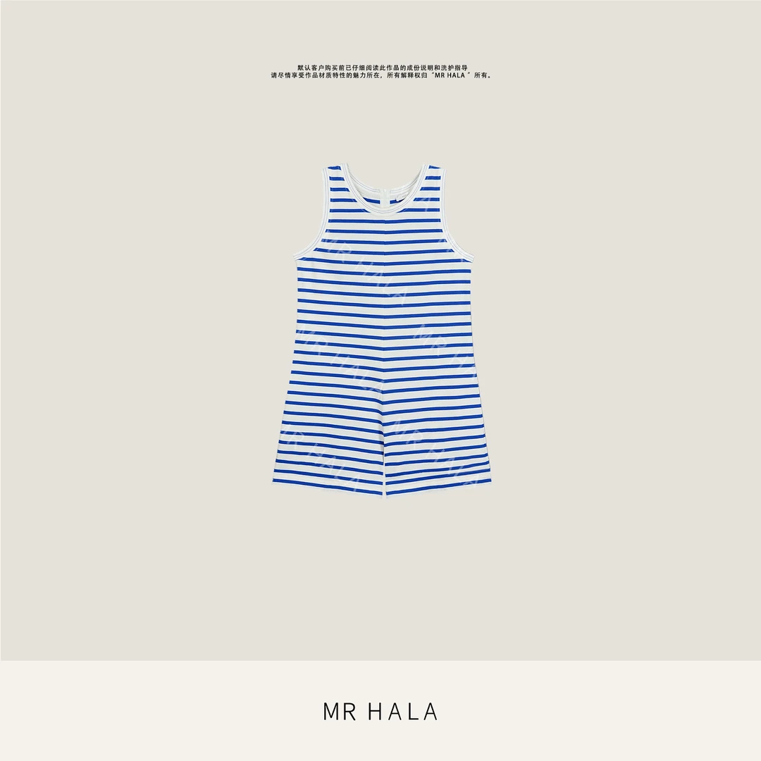 MRHALA 方源廓型高织芸柔棉条纹背心式口袋连体裤女 LT54028