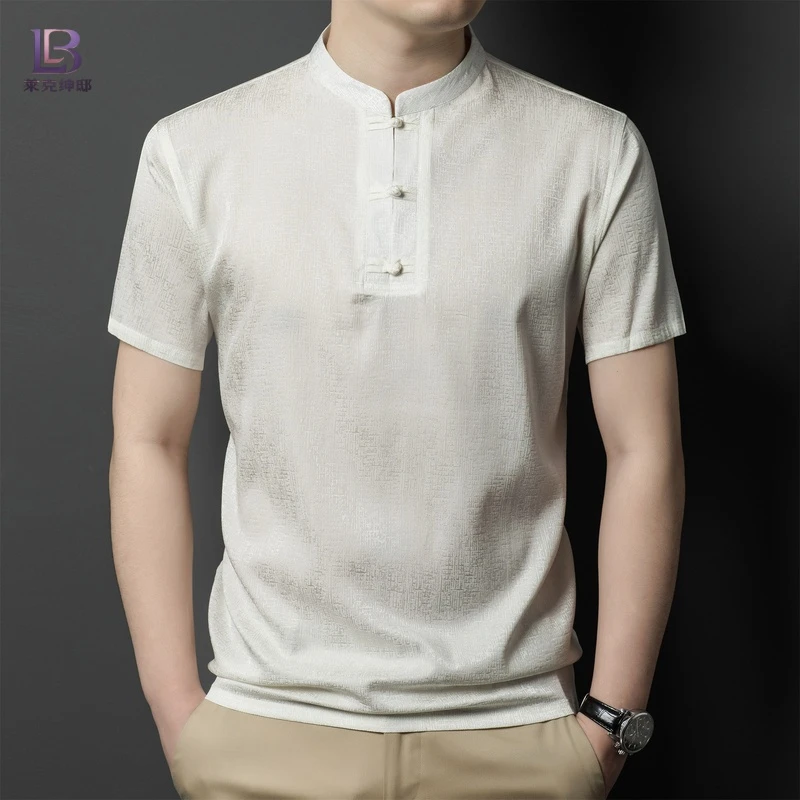 男士桑蚕丝短袖t恤男夏季立领半袖休闲上衣2025新款潮流真丝体恤