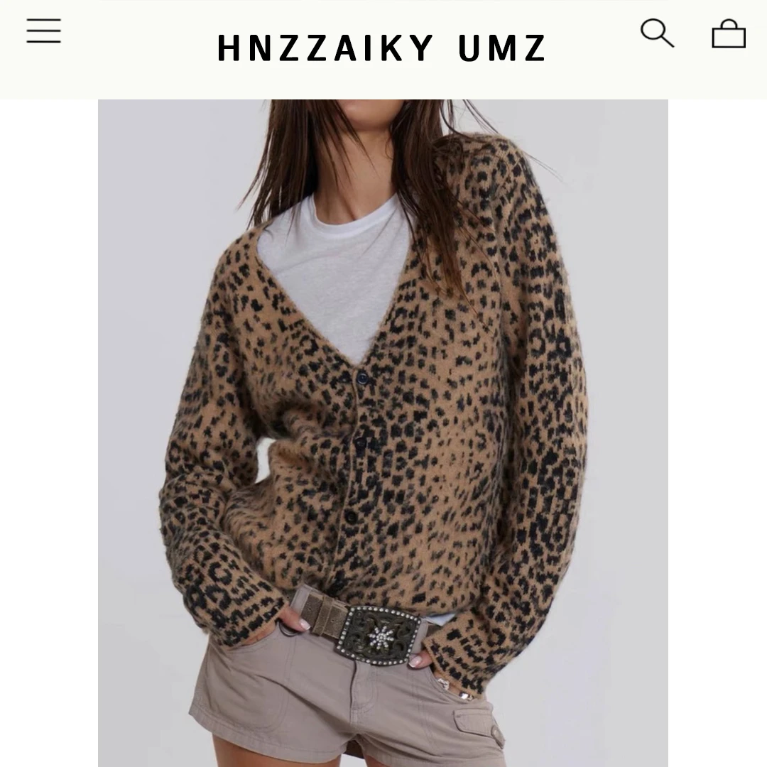 UMZ 美式复古豹纹v领针织开衫欧美辣妹毛衣外套U25S200118