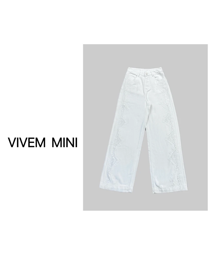 VIVIEN MINI【娜娜】轻奢百搭显瘦时尚韩版直筒纯白蕾丝刺绣牛仔裤