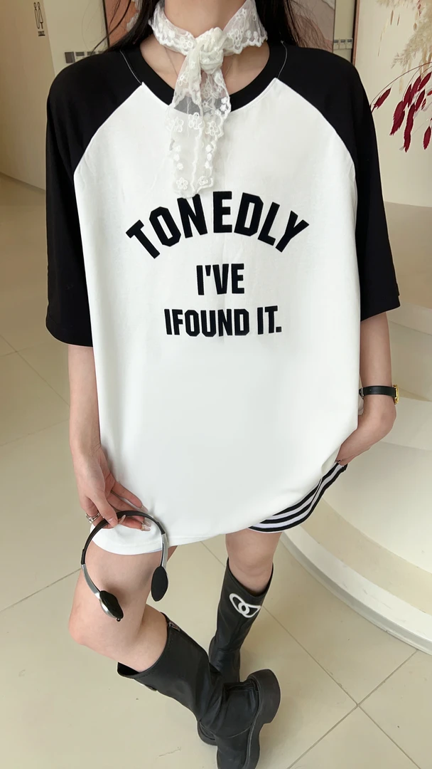 【套装】冰瓷棉撞色拼袖3D字母大版T恤+孕妇面膜裤