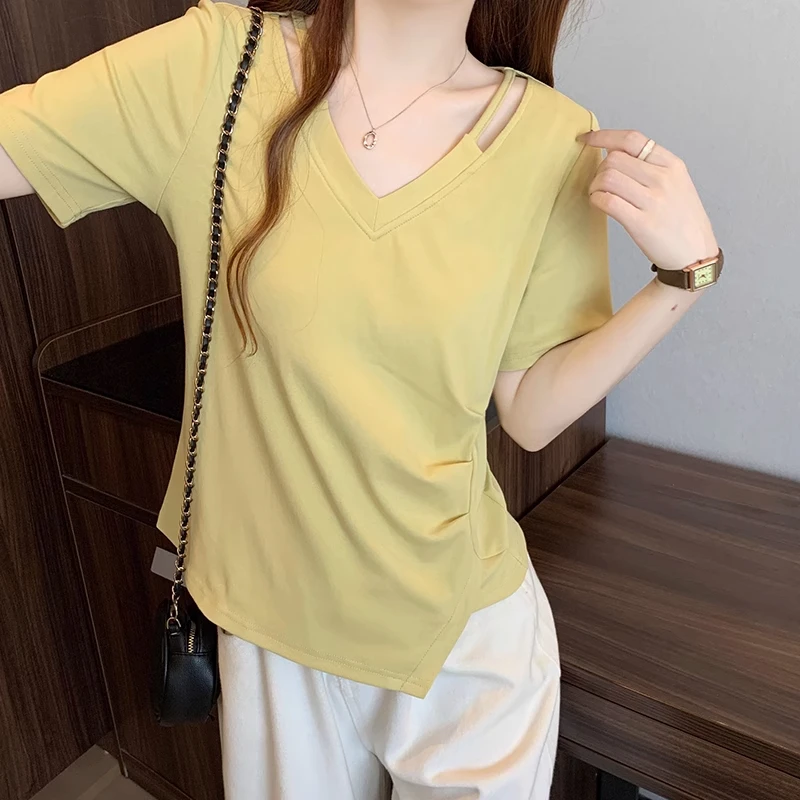 简衣 大码不规则v领正肩短袖t恤女夏季胖mm显瘦收腰遮肚子镂空开