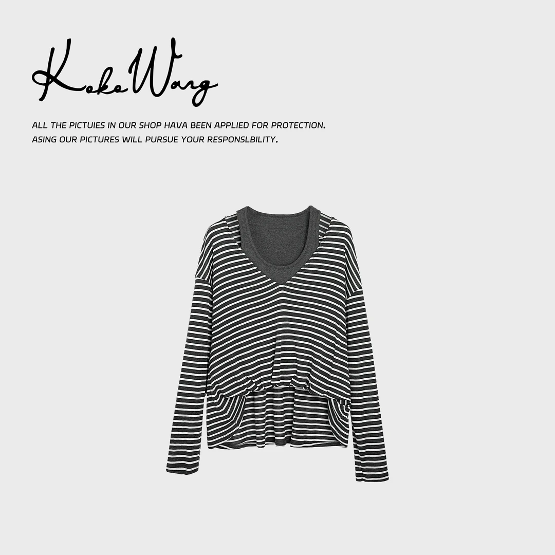 KOKO WANG天丝羊毛混纺别致高级条纹假两件套头上衣N2854L28T41