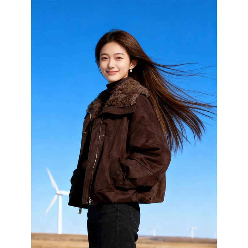 美式复古毛毛领加绒加厚短款外套女冬季韩系休闲百搭保暖夹克上衣