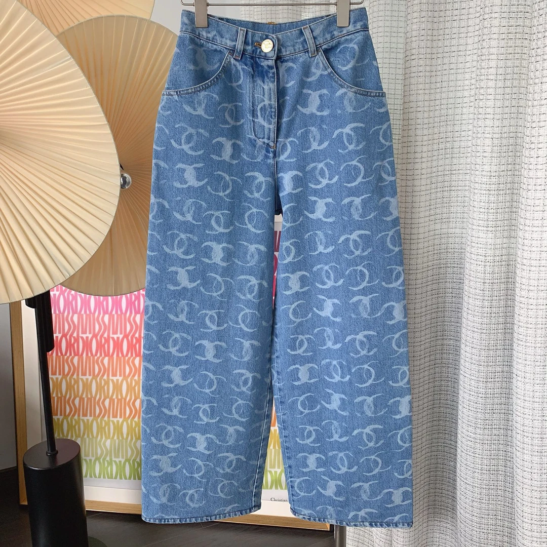 99新 Chanel/香奈儿 浅蓝色亮片双C阔腿牛仔裤 无领标水洗标