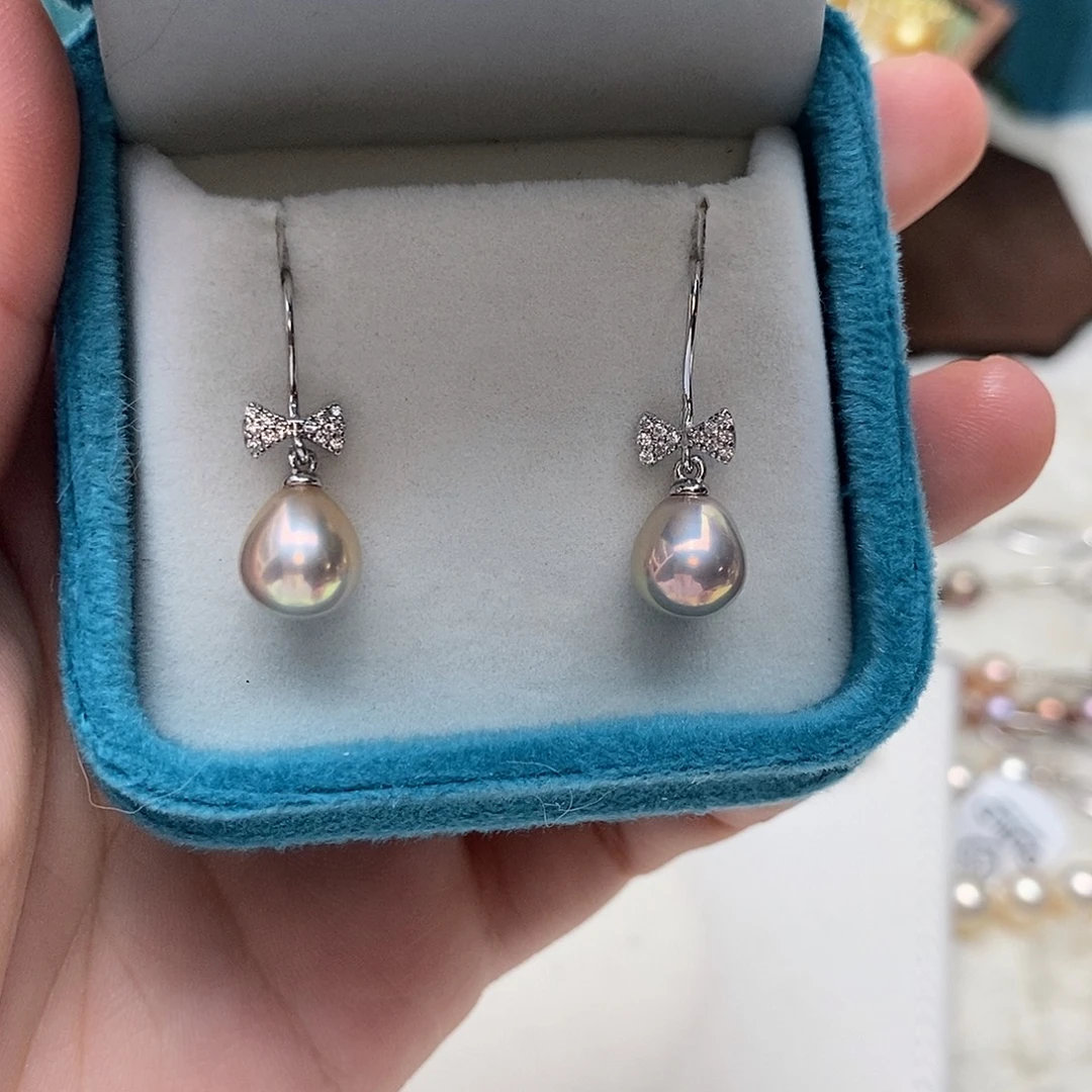 银S925镶嵌淡水珍珠耳饰8-9无核怪色米