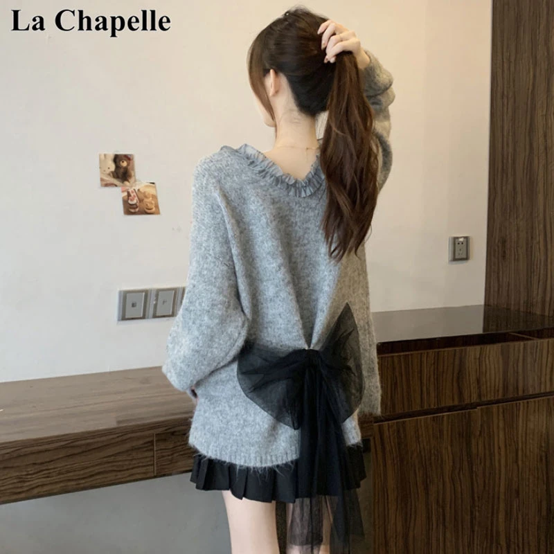 拉夏贝尔设计感洋气蝴蝶结毛衣女秋冬新款大码胖mm显瘦百搭针织衫