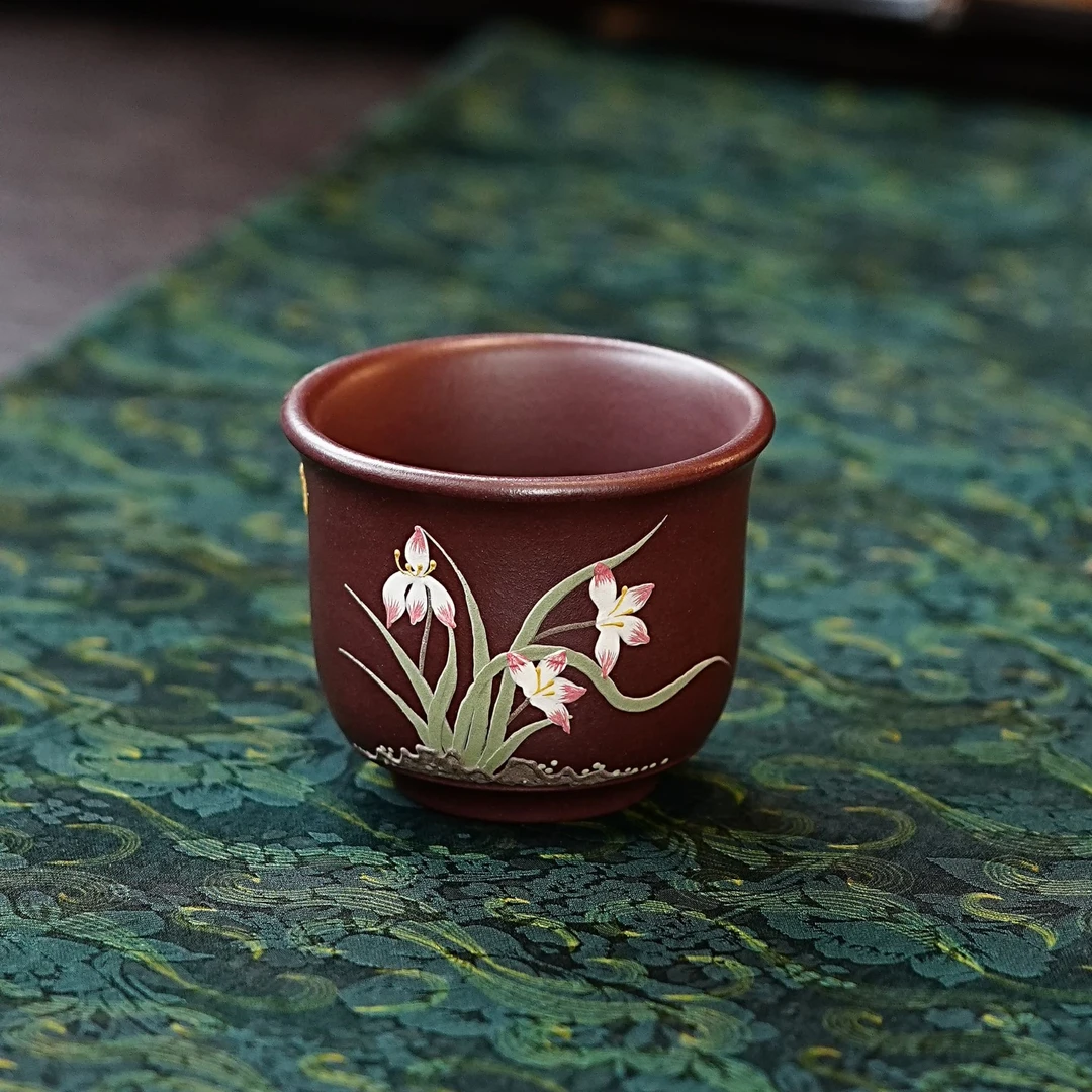 宜兴正宗紫砂纯手工主人杯紫泥泥绘兰花杯小口杯品茗杯紫砂杯茶杯