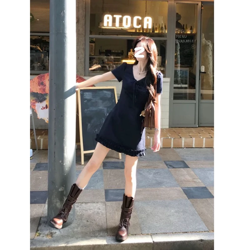 夏季新款法式气质V领系带花边短袖收腰显瘦百搭连衣裙