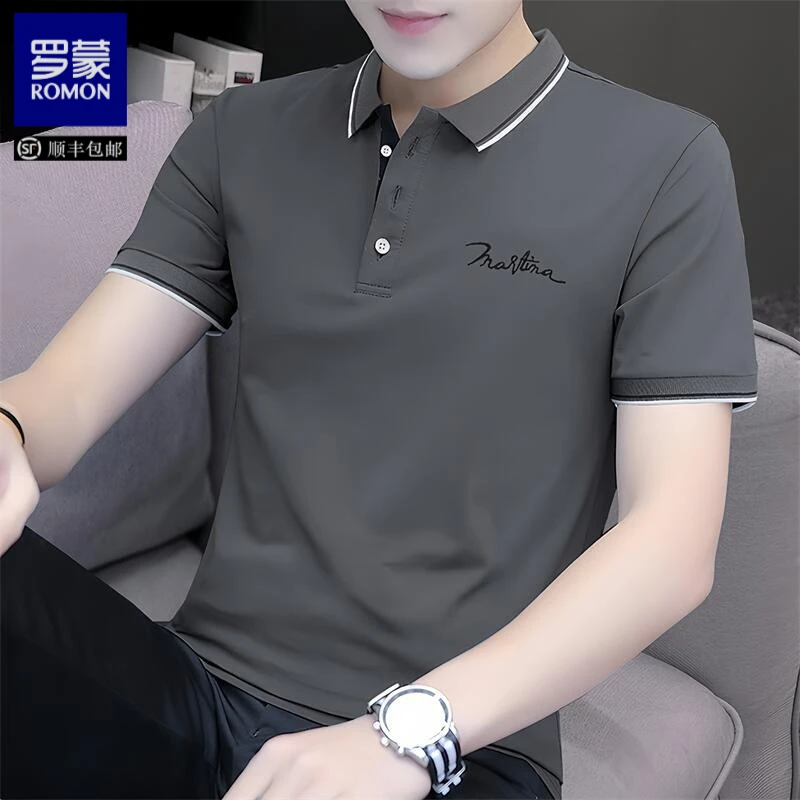Romon/罗蒙夏季男士短袖冰丝翻领T恤polo衫商务上衣服体恤刺绣潮