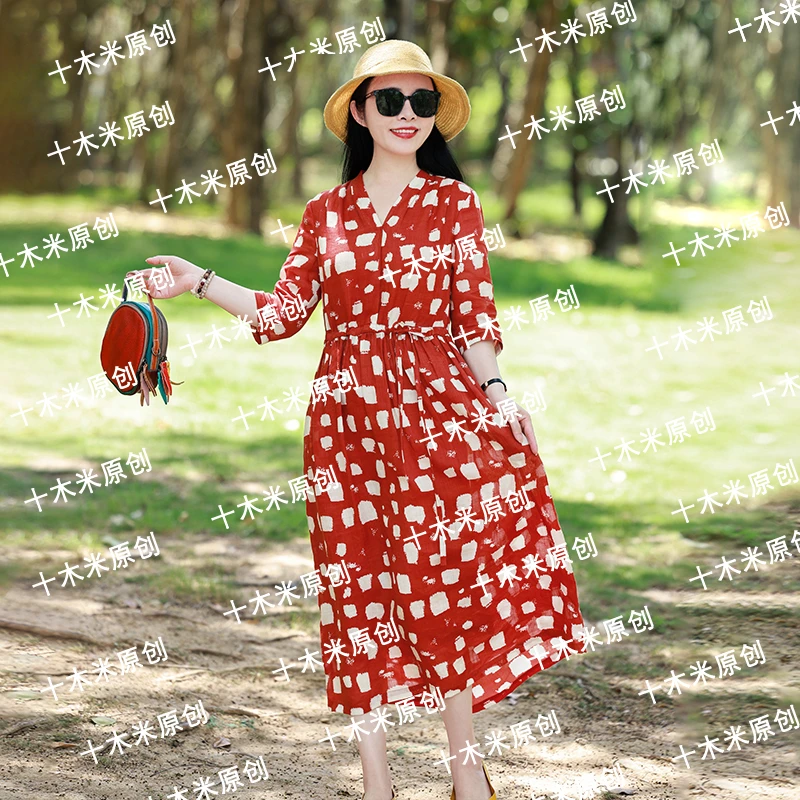 红茶/十木米原创夏款百分百苎麻印花文艺气质轻盈双层长款连衣裙
