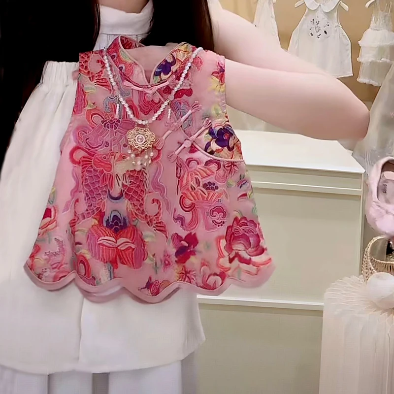 女童夏装套装新款儿童洋气时髦新中式国风盘扣无袖提花背心两件套