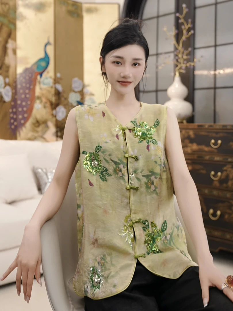 Betty Bairn【浮云青熙】新中式桑蚕丝手绘马甲25B-BW10058