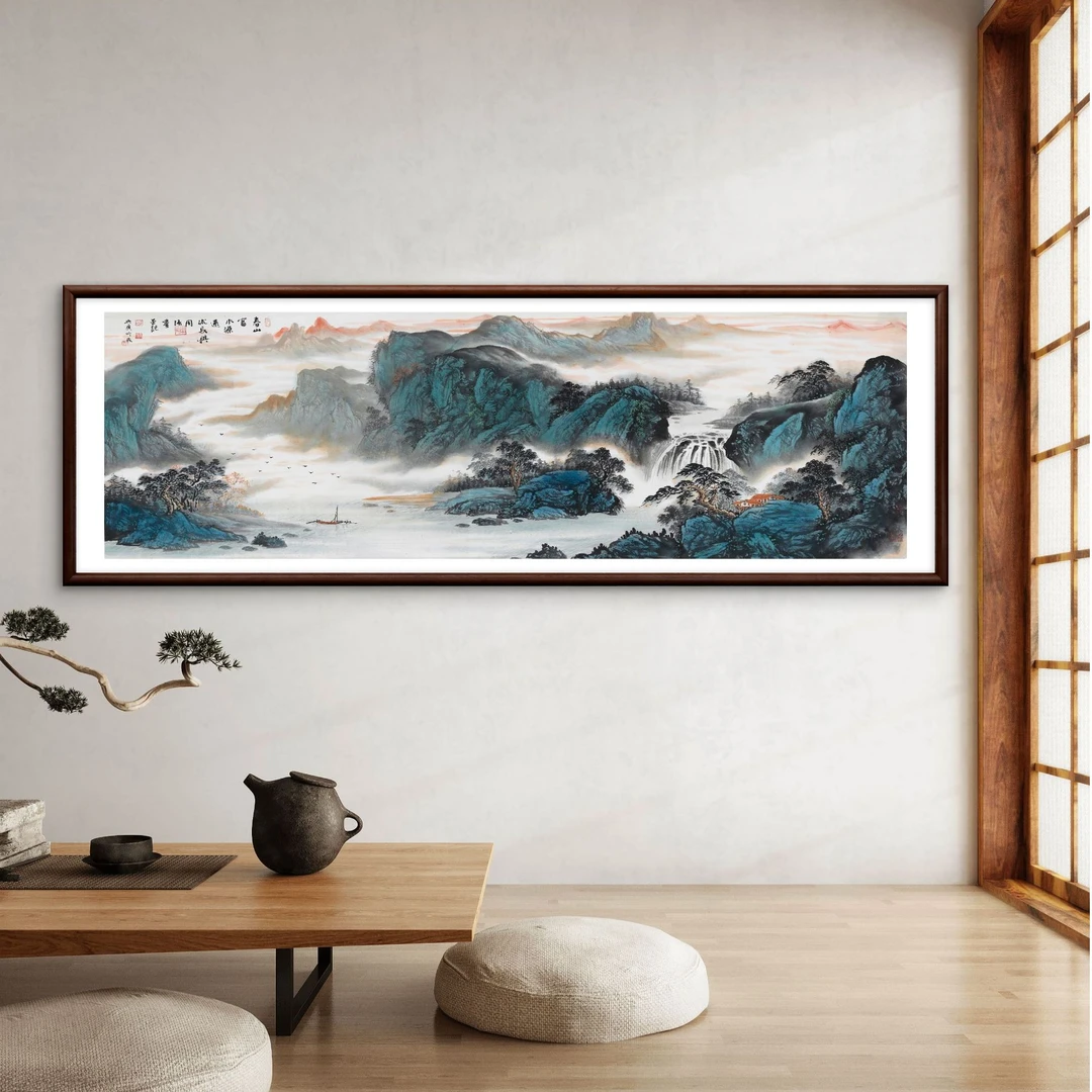 91-62*185春山富水图装饰画实木框办公室玄关书房茶室客厅挂画