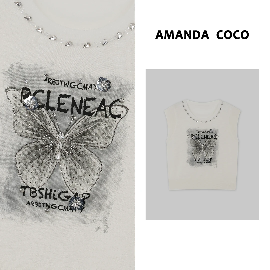 夏日格调～夏季薄款烫钻蝴蝶印花减龄清凉飞袖针织衫