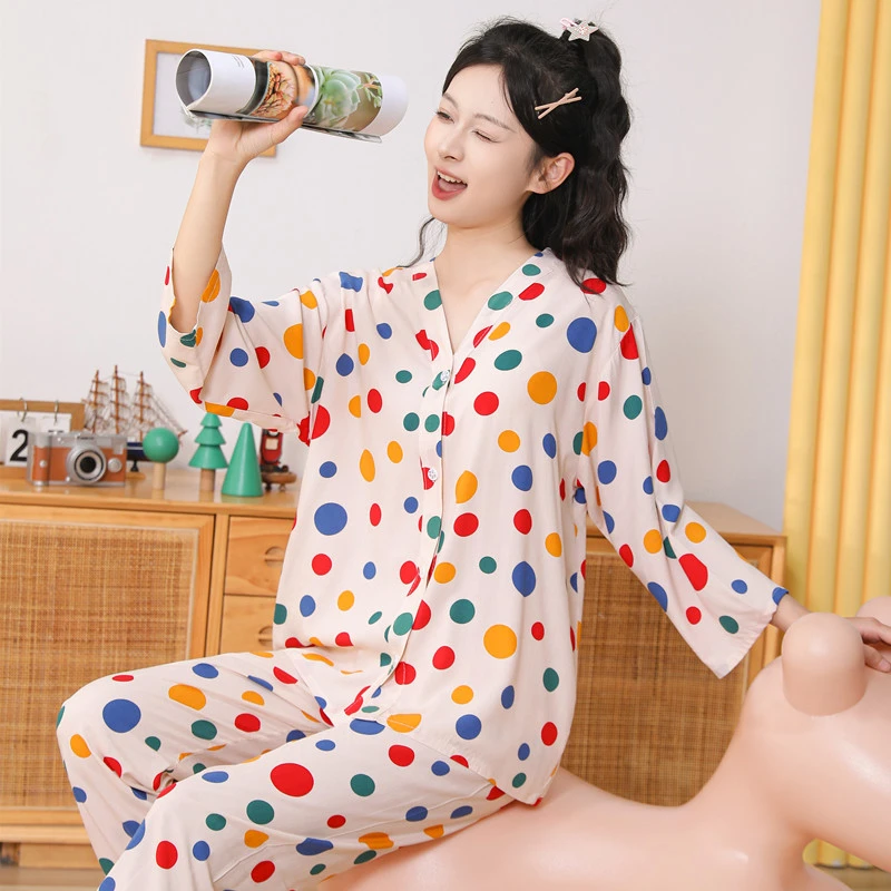 睡衣女夏季新款七分袖长裤薄款两件套装大码宽松儿童睡衣夏季薄款