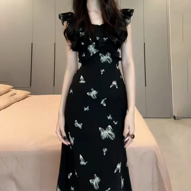 黑色小飞袖蝴蝶印花连衣裙子女夏季2025新款法式收腰长裙3027