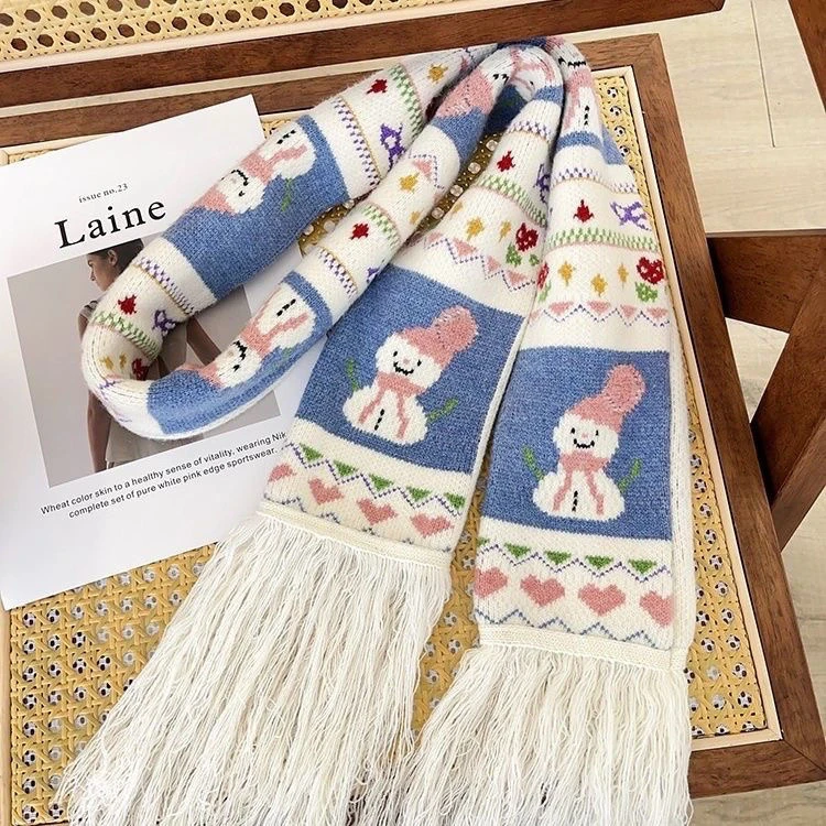 复古提花小雪人ins风设计感时尚针织围巾