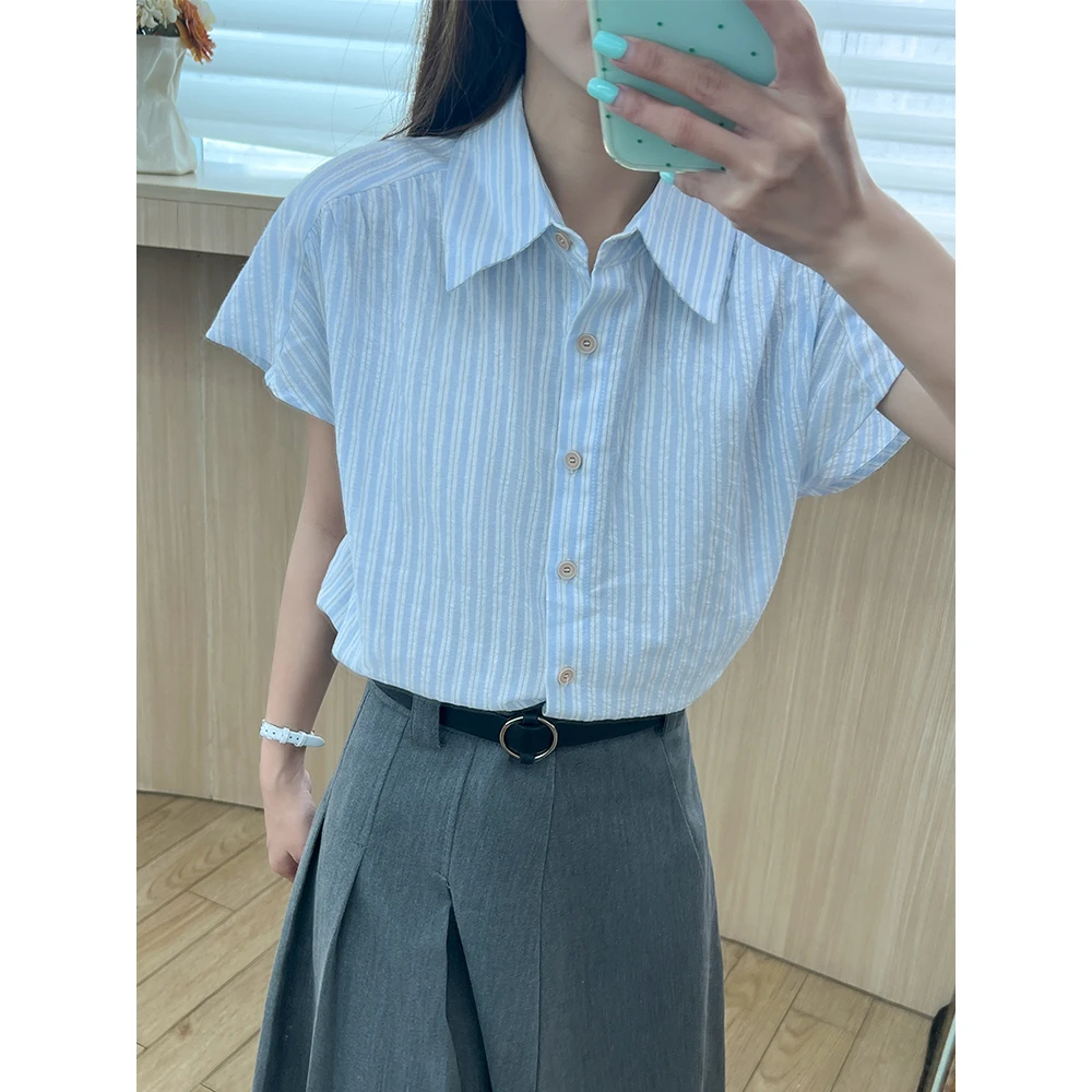 王家有鱼【小个子定制】浅蓝色衬衫2025年夏季新款薄款百搭短袖女W