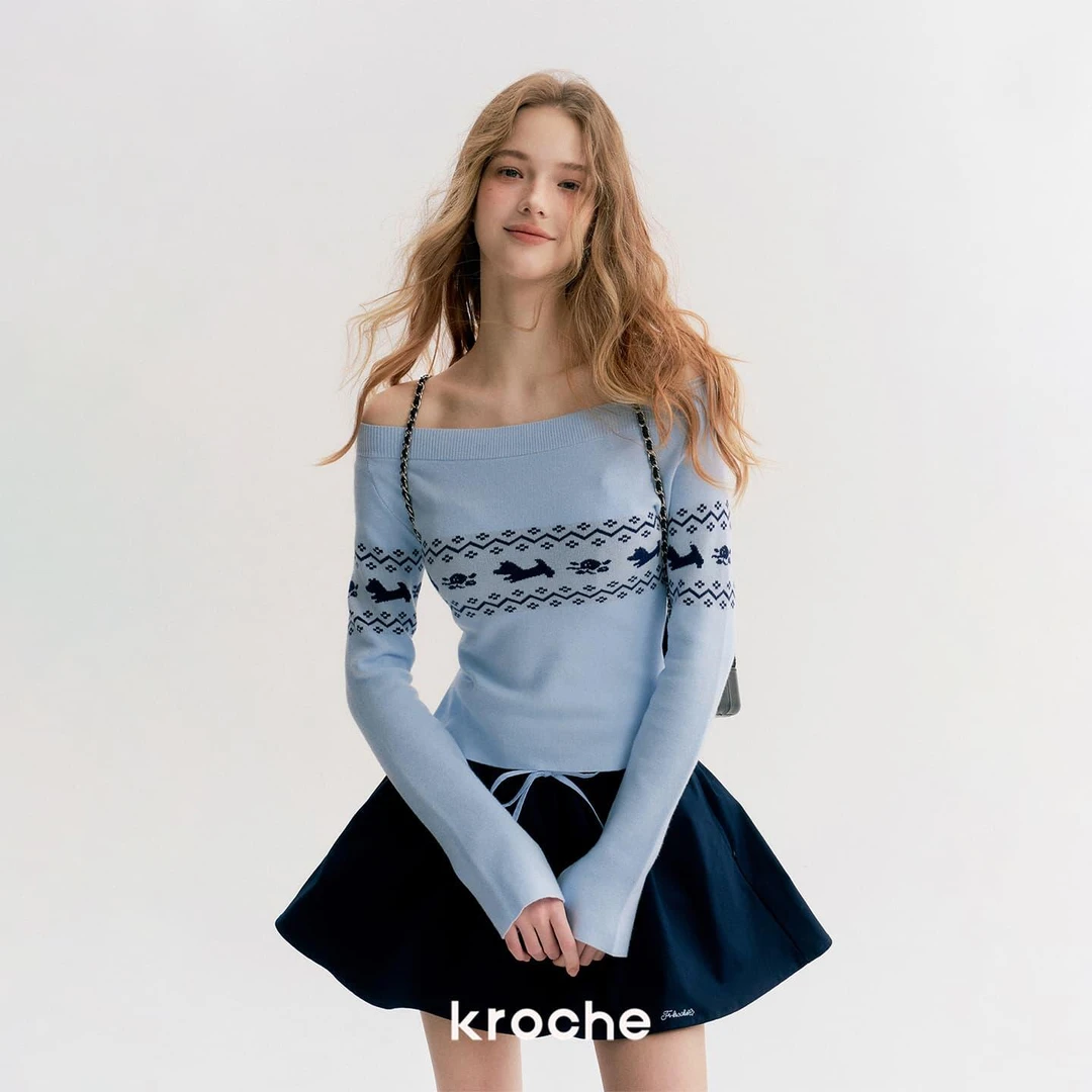 Kroche 25aw 慵懒法式 撞色手绘费尔岛图案 两穿领修身长袖针织衫