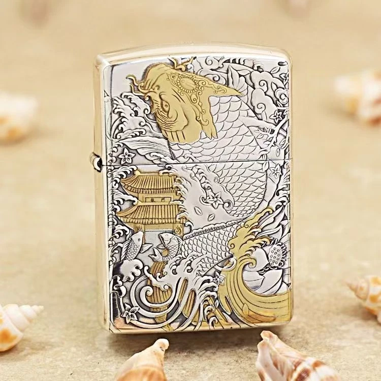 ZIPPO/之宝打火机妖月镀银鎏金盔甲鱼跃龙门正品高档防风DYJ1
