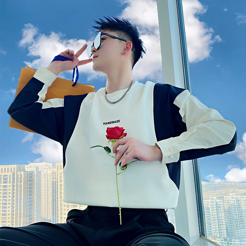 拼接设计感卫衣男休闲百搭高端长袖T恤2025新款春季打底衫外套帅