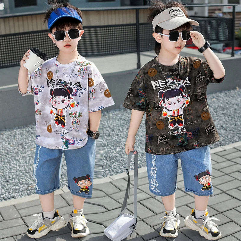 哪吒衣服夏季儿童休闲薄款卡通风套装男童运动帅气短袖夏装