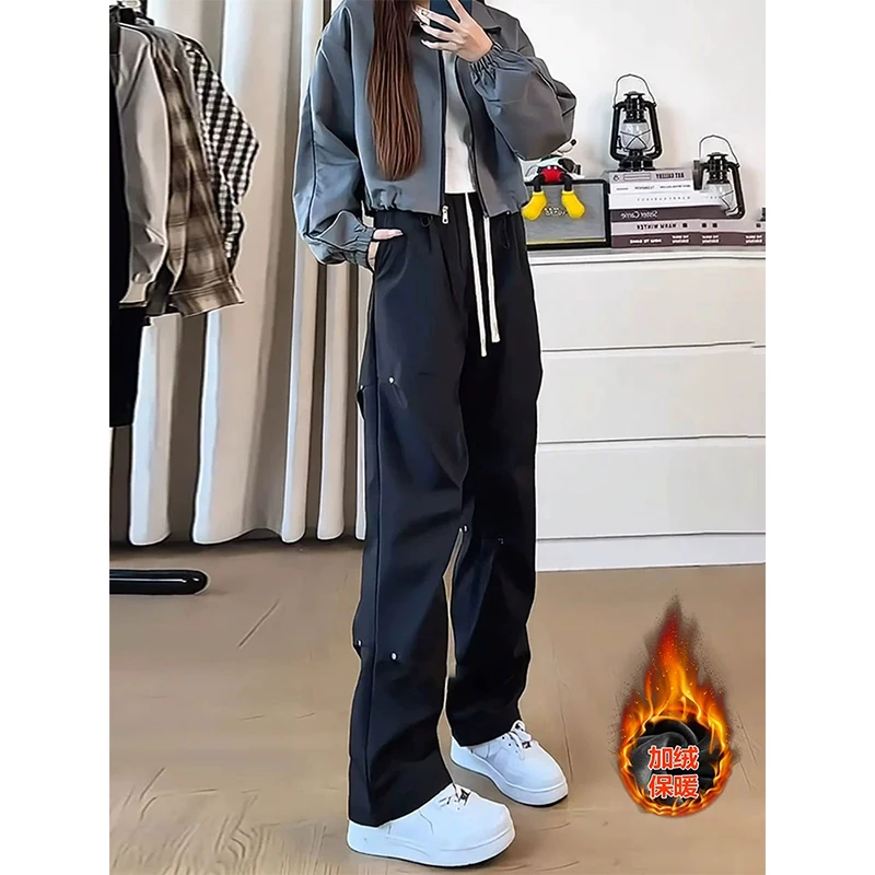 黑色褶皱铆钉工装裤男女款秋冬休闲裤加绒裤子防水防风登山冲锋裤