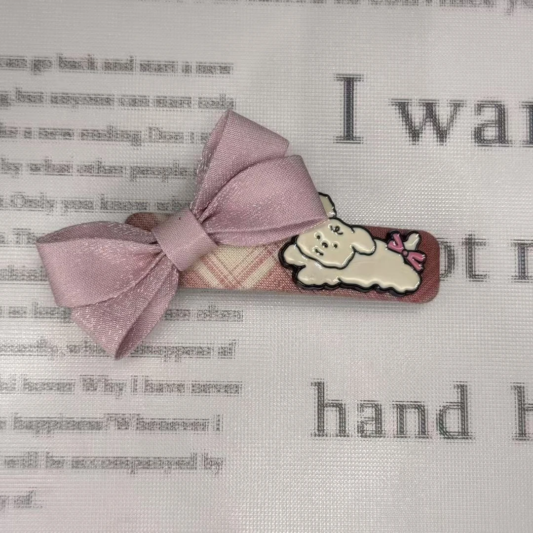 韩国ins粉色蝴蝶结格纹白色小狗7cm掰掰夹151 152