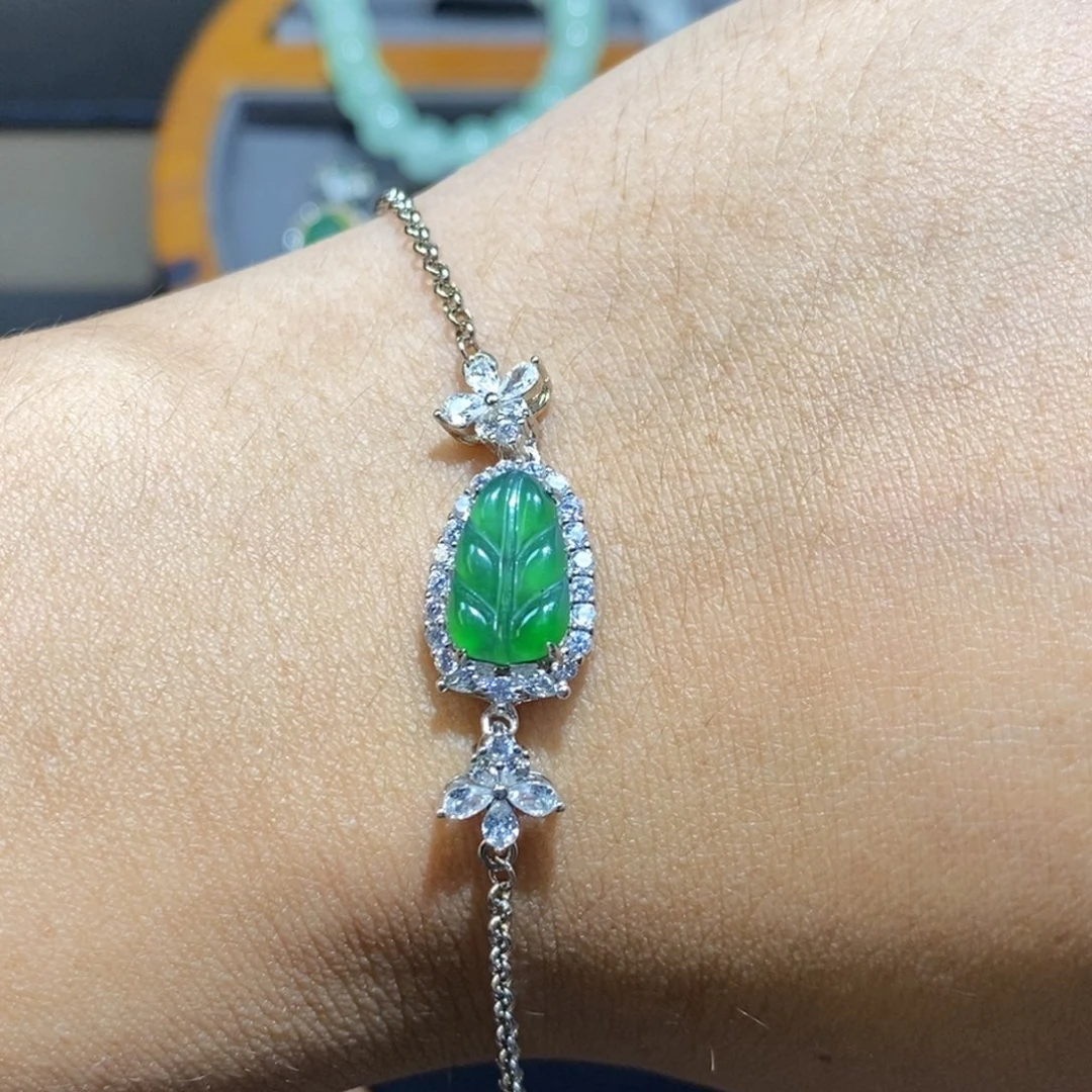 颈饰银S925镶嵌翡翠叶子手链