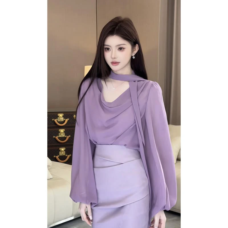 MM法式优雅知性气质荡领飘带长袖衬衫女夏季新款修身显瘦上衣