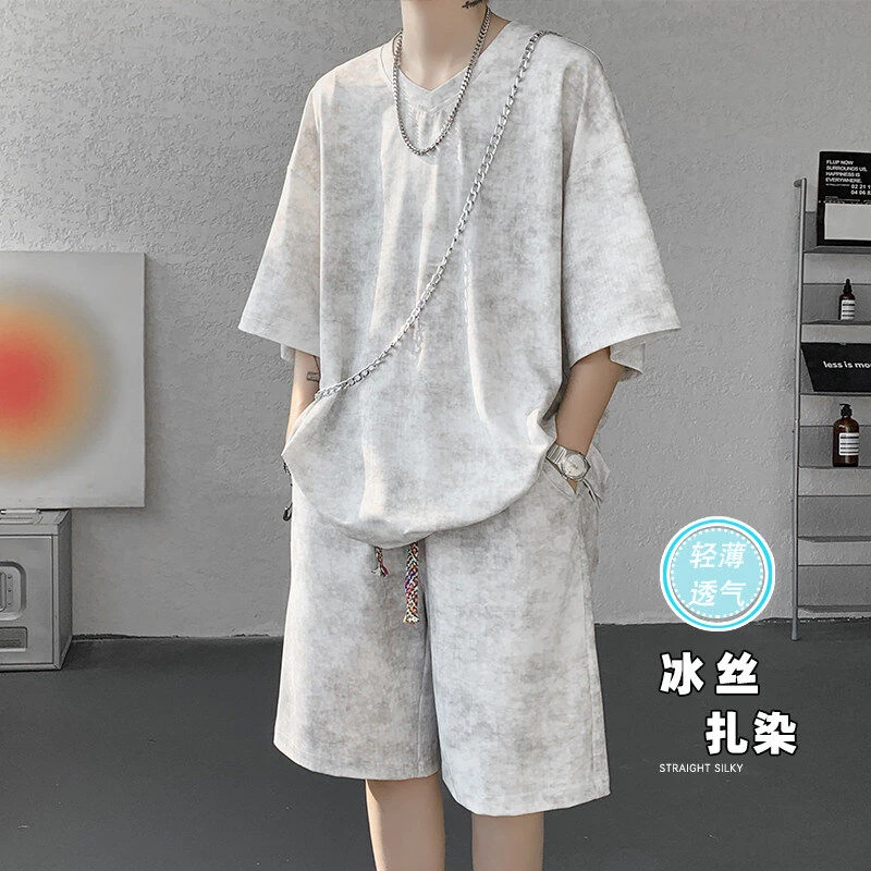 扎染感冰丝休闲套装男夏季潮牌凉感速干宽松短袖短裤青少年两件套