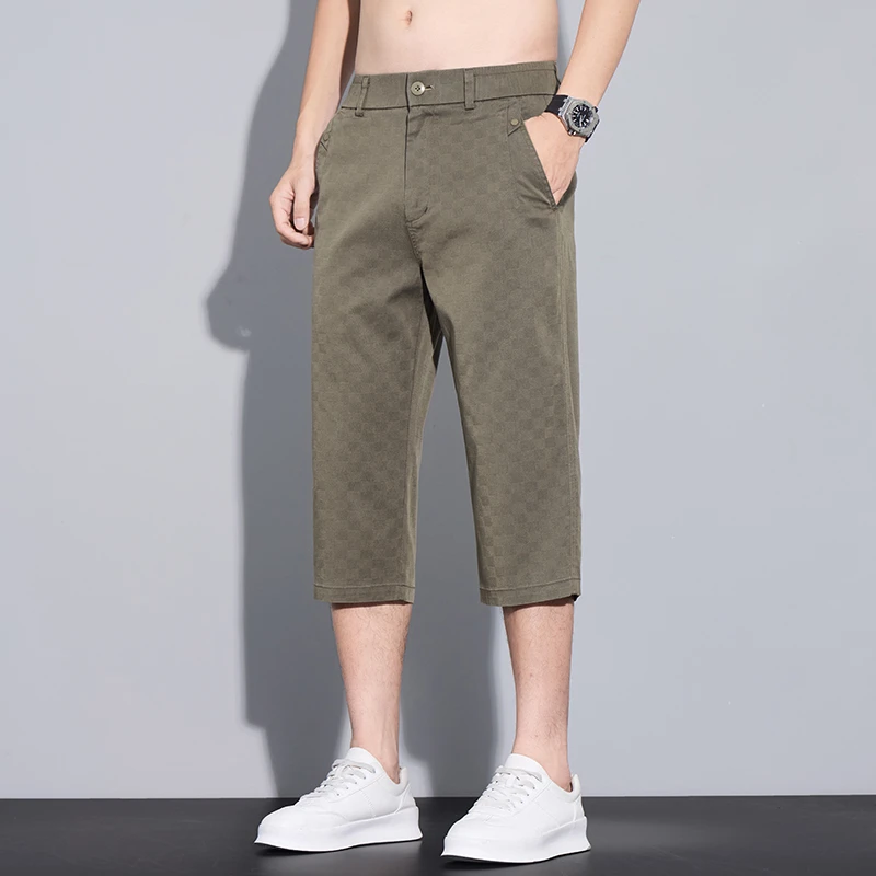 莱赛尔夏季新款男士七分裤百搭格子休闲裤简约直筒弹力运动裤透气