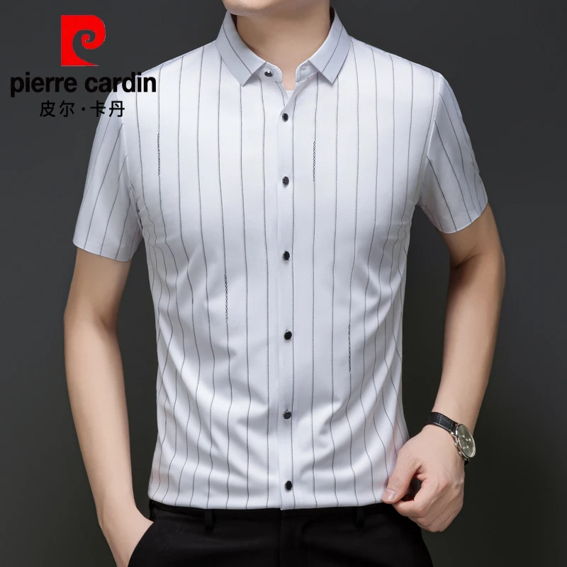 皮尔卡丹正品男士短袖条纹衬衫夏季新款抗皱无痕高弹高档时尚衬衣