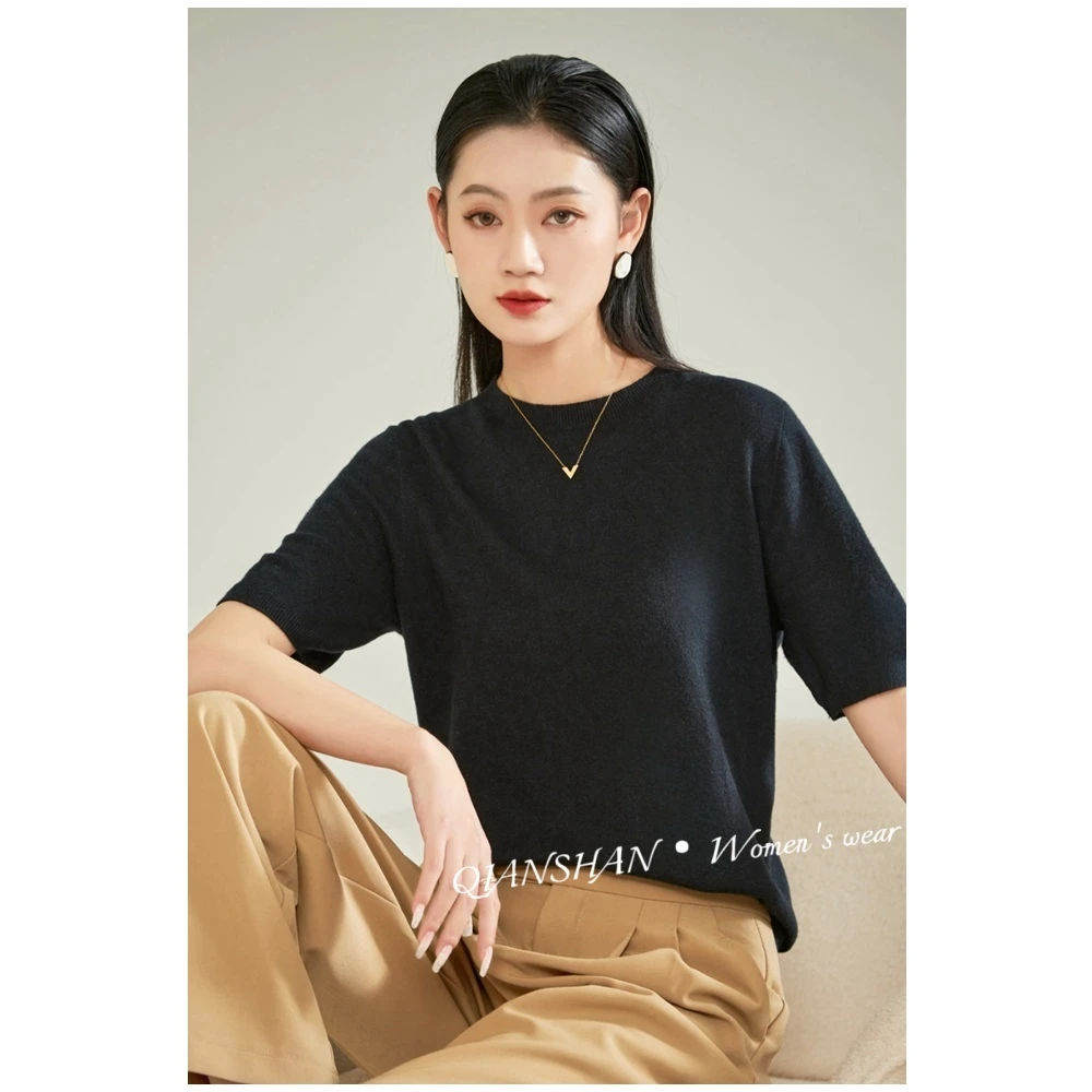 无缝一体细针亲肤绒圆领短袖纯色针织衫简约百搭打底上衣女可机洗