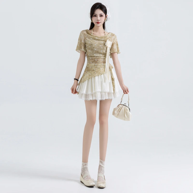 夏季时尚法式复古气质收腰显瘦甜美短款碎花短袖上衣半身裙套装