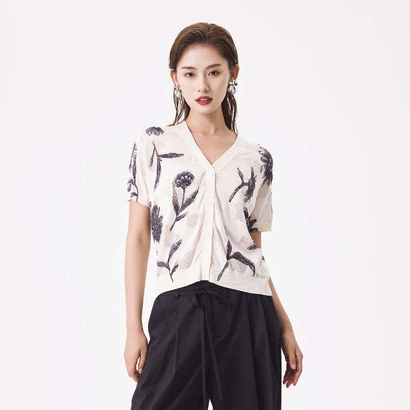 婉甸2025夏季新品水墨向日葵印花毛织假开衫1242W09DY3