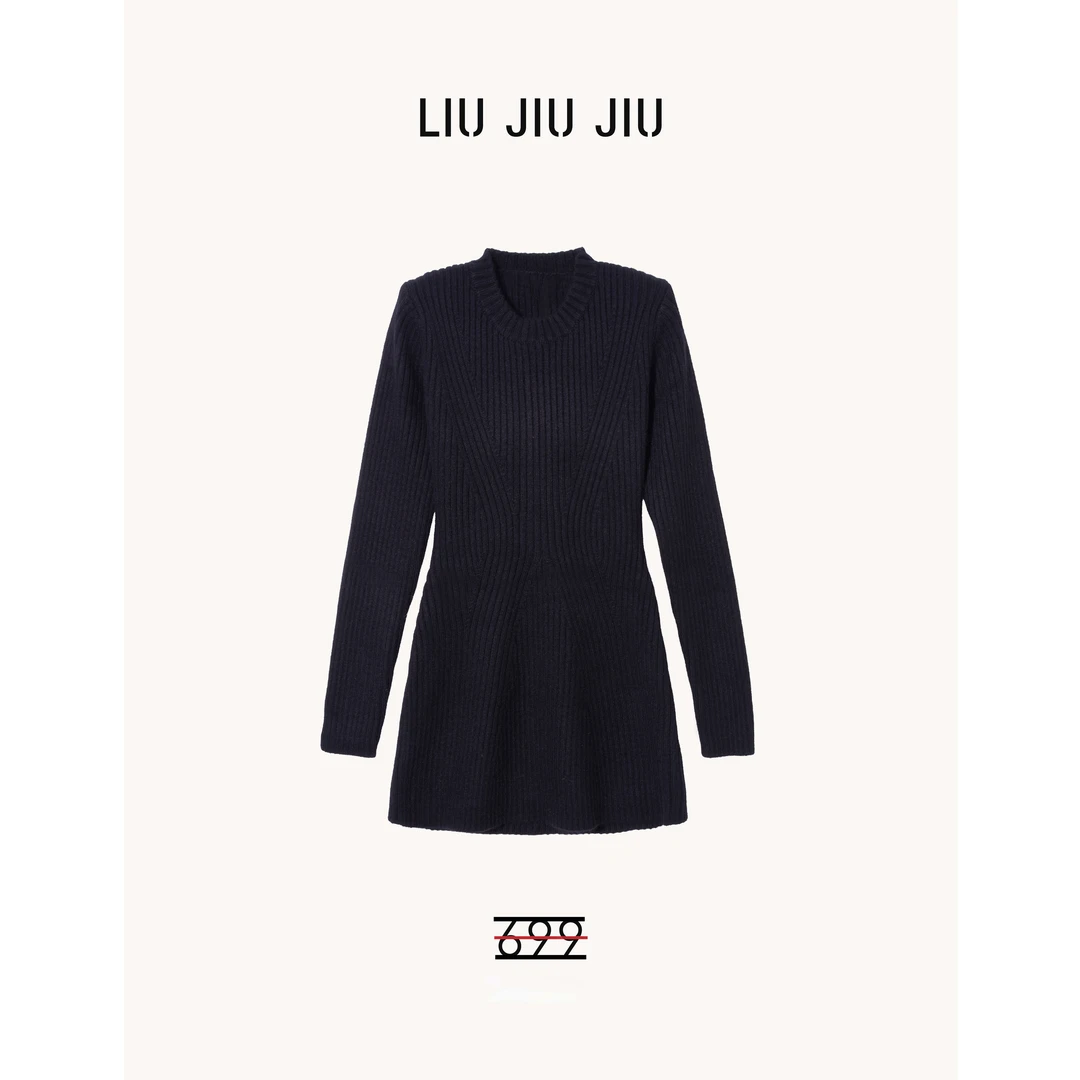 LIUJIUJIU 法式冬季新款粗针条纹显瘦圆领时尚针织连衣裙LYQ5569L